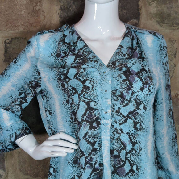 Jennifer & Grace Tunic Top Women Large Blue Brown Snake Print 3/4 Button Nature - Picture 3 of 13